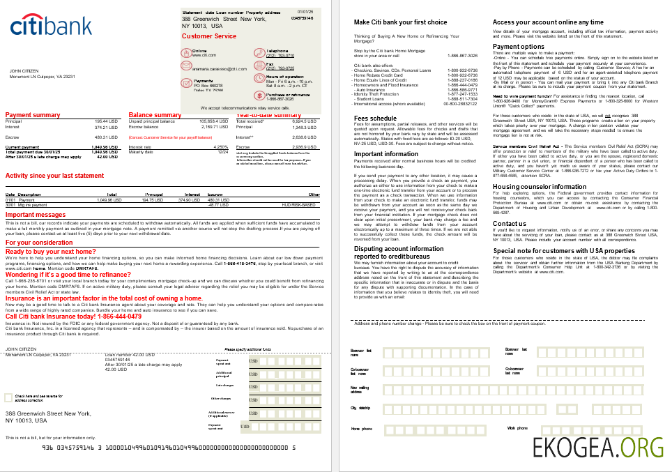 Relevé hypothécaire de la banque USA Citi aux formats Word et PDF, 2 pages